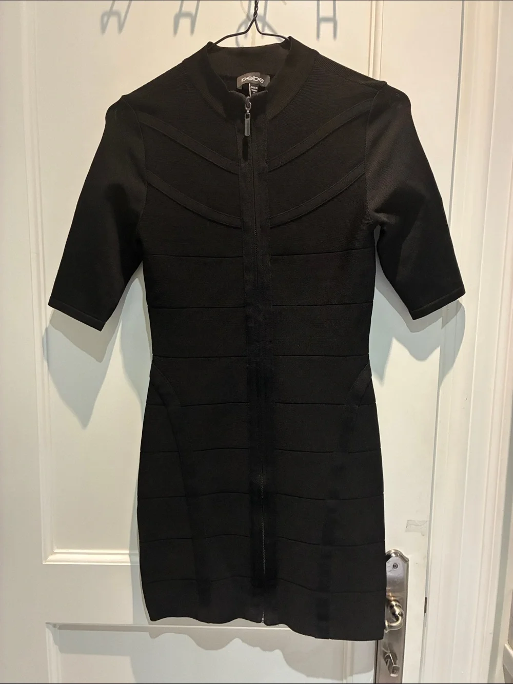 Bebe Black Bandage Dress Zip Front Mock Neck Small ✨ 👵MT - Picture 3 of 5